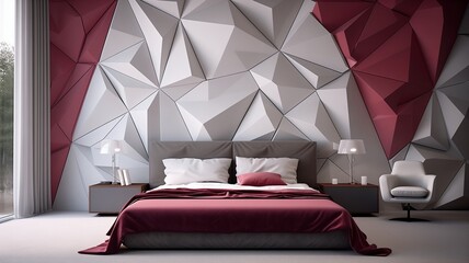 A modern 3D wall design in the bedroom with ruby and white triangular shapes, creating a dynamic and geometrically inspired backdrop that adds depth and visual interest to the space.