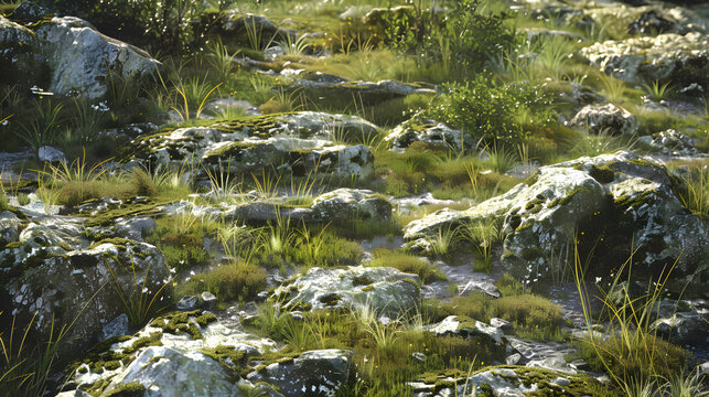 A serene rocky terrain with verdant moss patches bathed in sunlight, depicting nature's tranquility
