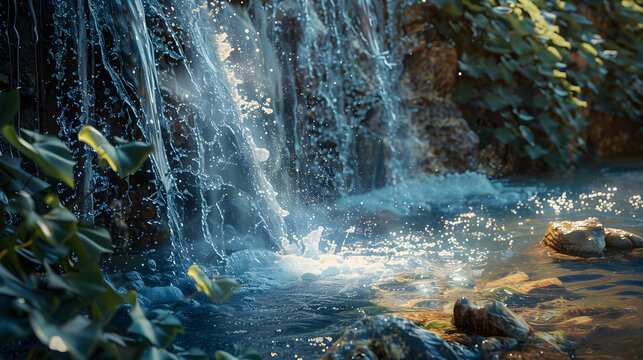 A dynamic waterfall cascading among rocks with verdant green leaves in the foreground depicting energy in nature