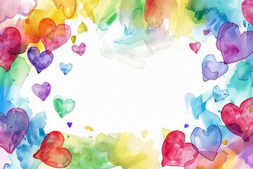 Colorful watercolor hearts frame background with white space in the middle. Generative AI