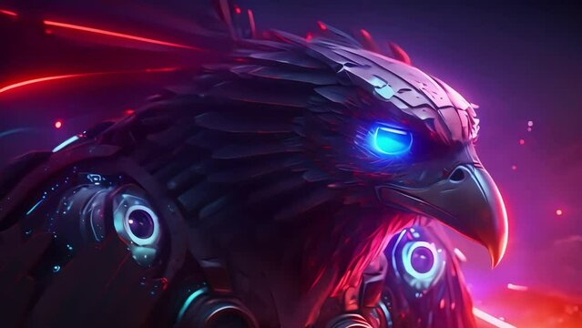 eagle half robot, cutting edge style, neon and lasers. mixture of animal and robot, cyborg animals. Generative AI