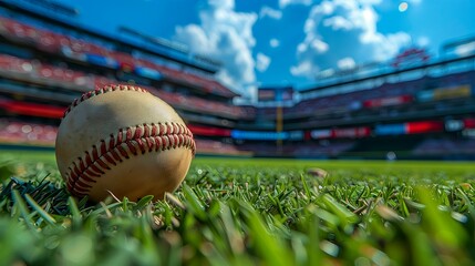 Weathered Baseball Resting Lush Green Grass In Stadium, Invoking Nostalgia And The Timeless Spirit