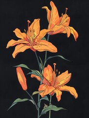 A painting featuring bright yellow flowers set against a deep black background, creating a bold contrast.