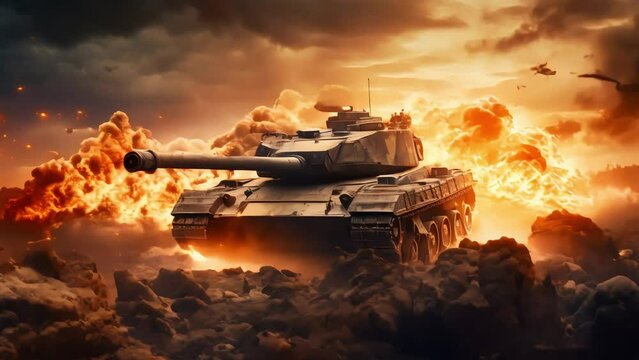An armored tank traverses a minefield in the midst of a military invasion, creating an epic spectacle of flames and turmoil in the desert. Generative AI