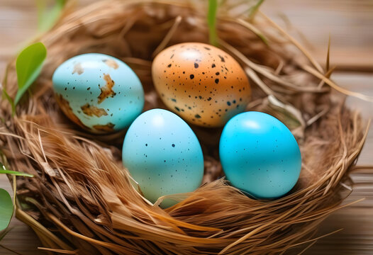 Three blue speckled eggs in bird nest , Easter holiday decorations , Easter concept background