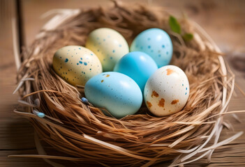 Naklejka na ściany i meble Three blue speckled eggs in bird nest , Easter holiday decorations , Easter concept background