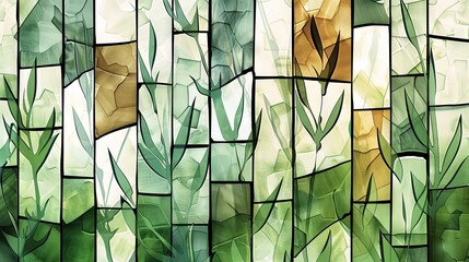 Artistic background resembling stained glass, with patterns of green foliage and subtle earth tones. - obrazy, fototapety, plakaty