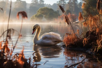 A swan gracefully swims in the misty lake among ducks and geese - obrazy, fototapety, plakaty