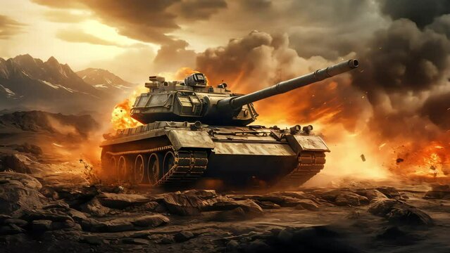 An armored tank traverses a minefield in the midst of a military invasion, creating an epic spectacle of flames and turmoil in the desert. Generative AI
