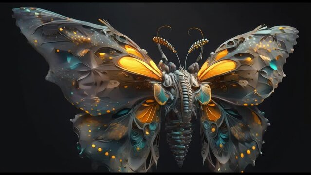 abstract image of a butterfly, in mixed hi-teck styles on a dark background. Generative AI