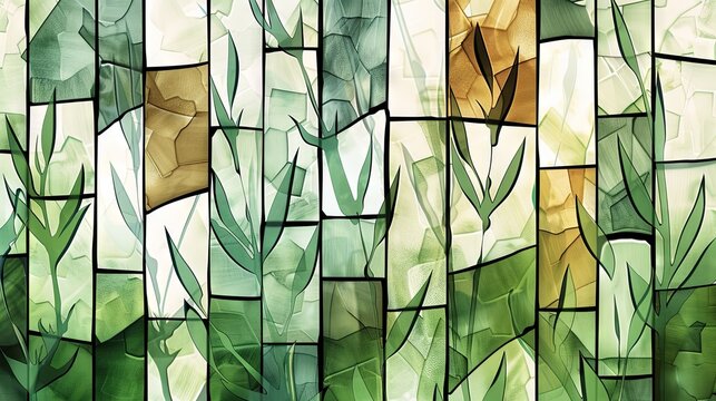 Artistic background resembling stained glass, with patterns of green foliage and subtle earth tones.