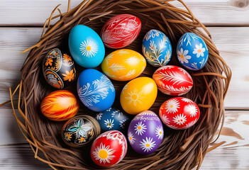 Pysanky in the nest on white wooden background. Easter eggs decorated - obrazy, fototapety, plakaty