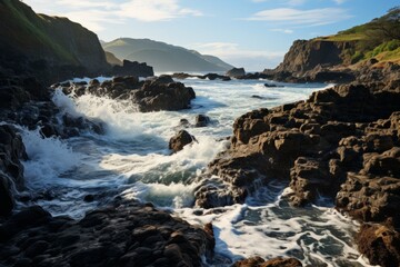 Fototapeta na wymiar Wind waves crash against rocks in coastal natural landscape