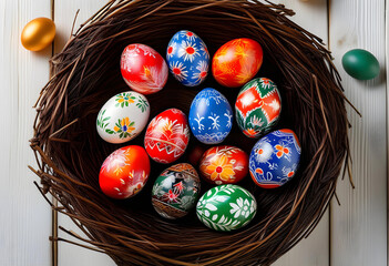 Pysanky in the nest on white wooden background. Easter eggs decorated - obrazy, fototapety, plakaty