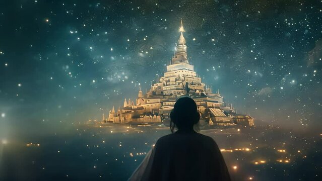 the citadel in the distance in magical lights, a magical and magical landscape. Generative AI