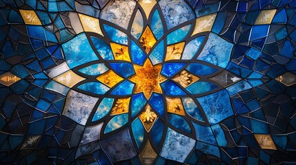 Stunning kaleidoscopic pattern on stained glass, featuring vivid blue and gold hues for decorative backgrounds.