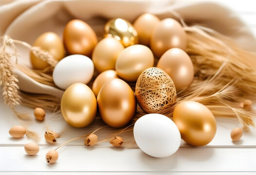 Stylish gold eggs easter concept. Easter golden eggs with dried golden flax linum