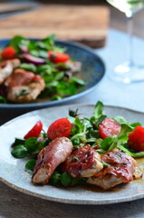 Saltimbocca. Veal schnitzel with sage and Parma ham. Italian specialty. close up view, yummy
