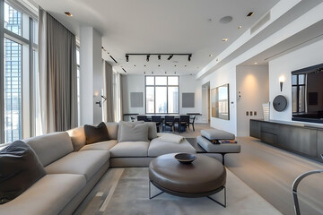 Fototapeta premium Spacious Living Room With Large Couch and Flat Screen TV