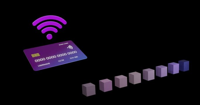 Animation of credit card with wifi icon and graph on black background