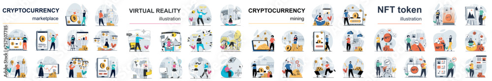 Aufkleber mega set flat design concept cryptocurrency mining and marketplace, nft token, metaverse with people