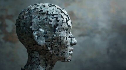 A adult male human head look at side view in the contemplation that has been created from the scattered and uncompleted colourful jigsaw puzzles by gather them in form of the male human head. AIGX03.