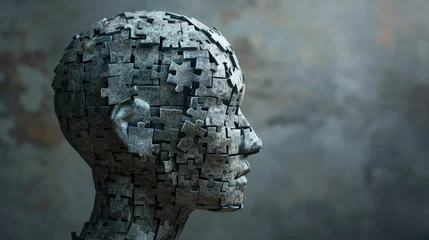 Foto op Aluminium A adult male human head look at side view in the contemplation that has been created from the scattered and uncompleted colourful jigsaw puzzles by gather them in form of the male human head. AIGX03. © Summit Art Creations