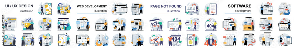 Aufkleber Mega set flat design concept web development, ui and ux design, programming software with people character situations. Bundle of different scenes. Collection vector illustrations.