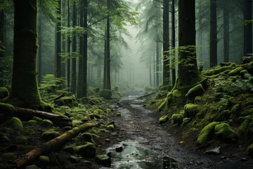 A path through a forest with mosscovered trees and foggy atmosphere