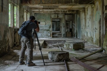 Photographer Taking Pictures In An Abandoned Building - obrazy, fototapety, plakaty