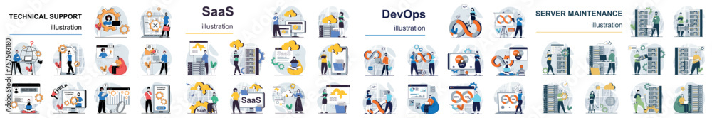 Poster Mega set flat design concept DevOps, SaaS, technical support, server maintenance with people character situations. Bundle of different scenes. Collection vector illustrations.