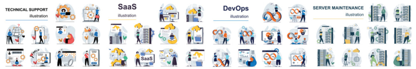 Mega set flat design concept DevOps, SaaS, technical support, server maintenance with people character situations. Bundle of different scenes. Collection vector illustrations. - obrazy, fototapety, plakaty