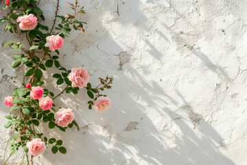 	
Climbing roses against the background of a plaster-covered wall	
