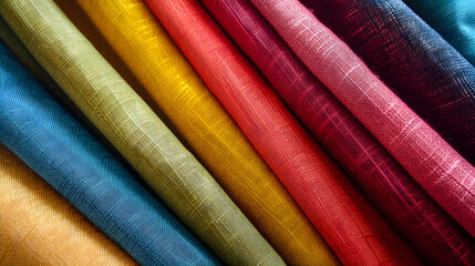 An array of colorful fabric rolls neatly aligned, resembling the varied hues of a rainbow, symbolizing diversity in unity