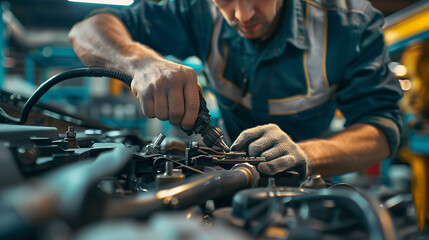 A Mechanic Diagnosing mechanical issues, troubleshooting problems, and performing repairs on vehicles such as cars, trucks, and motorcycles - obrazy, fototapety, plakaty