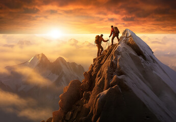 two mountaineers helping each other at the top, in the style of inspirational, epic fantasy scenes - obrazy, fototapety, plakaty