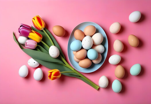 Flat lay composition with tulip and beautifully painted eggs on pink background, space for text. Easter celebration