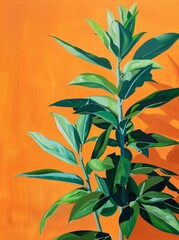 Fototapeta na wymiar A painting depicting a green plant set against a vibrant orange background.