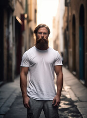 beardy man in white t shirt standing in alleyway