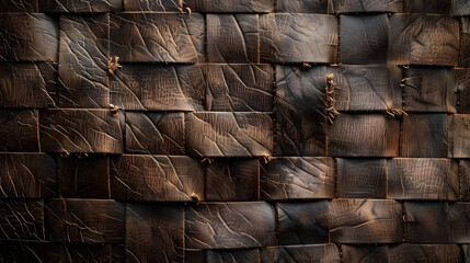 Close-up of dark brown wooden shingles with detailed textures and patterns, creating abstract geometric design