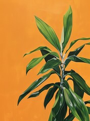 Fototapeta na wymiar A painting featuring a vibrant green plant set against a striking orange background.