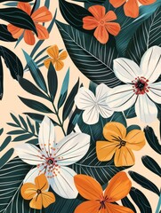 Fototapeta na wymiar A decorative wallpaper featuring vibrant orange and white flowers creating a bold and colorful pattern.