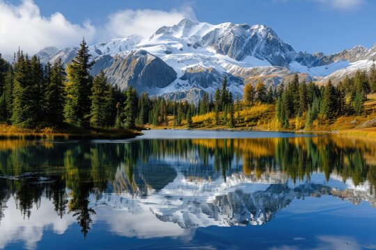 Serene Lake Reflecting A Snow-Covered Peak