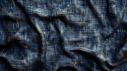 High-resolution image showcasing the luxurious dark blue fabric with golden thread lines creating an elegant pattern