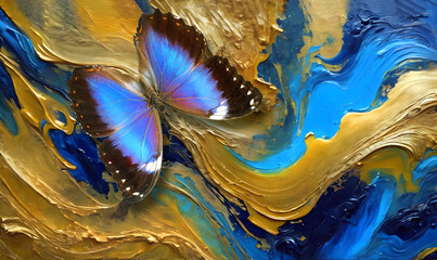 bright blue tropical morpho butterfly against a background of abstract blue and gold brush strokes...
