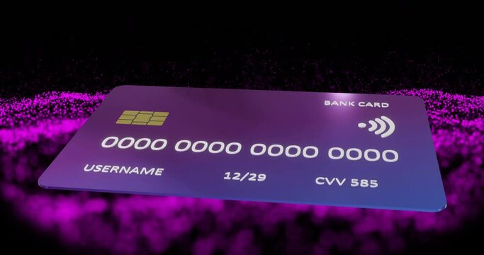 Animation of credit card over purple spots on black background