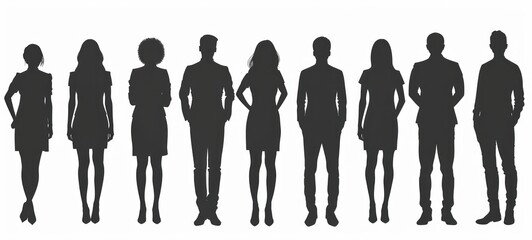 silhouettes of men and a women, a group of standing business people, black color isolated on white background