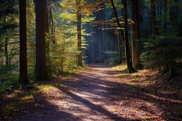 Sunlit Forest Path With Dappled Shadows
