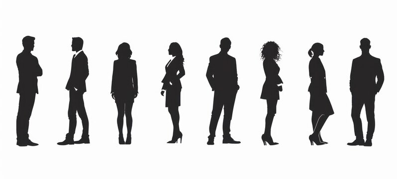 silhouettes of men and a women, a group of standing business people, black color isolated on white background
