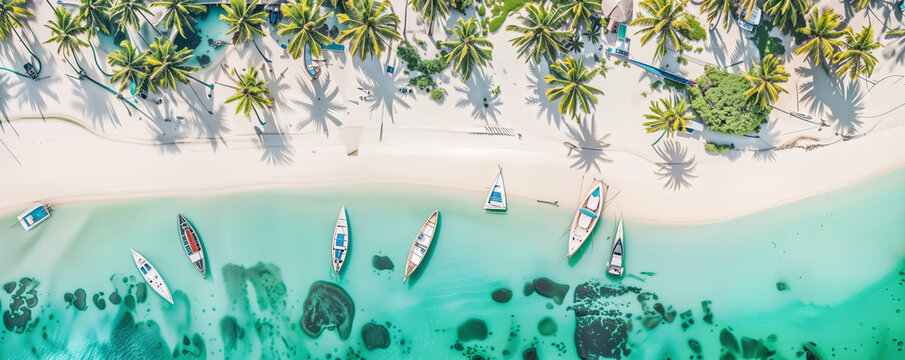 a beach with several boats and palm trees, aerial drone view, tropical background, boats in the water, an abstract tropical landscape, beautiful tropical island beach